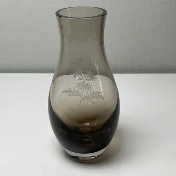 Caithness Smoky Art Glass Bud Vase Etched Floral Signed Made In Scotland Vintage