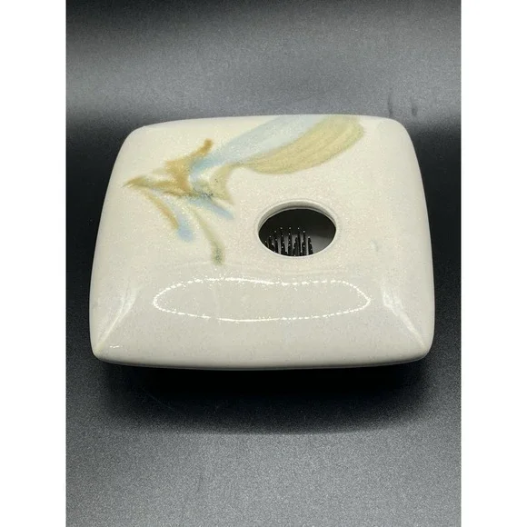 Square Ikebana Vase with Flower Frog Studio Pottery Signed Black‎ Green 5