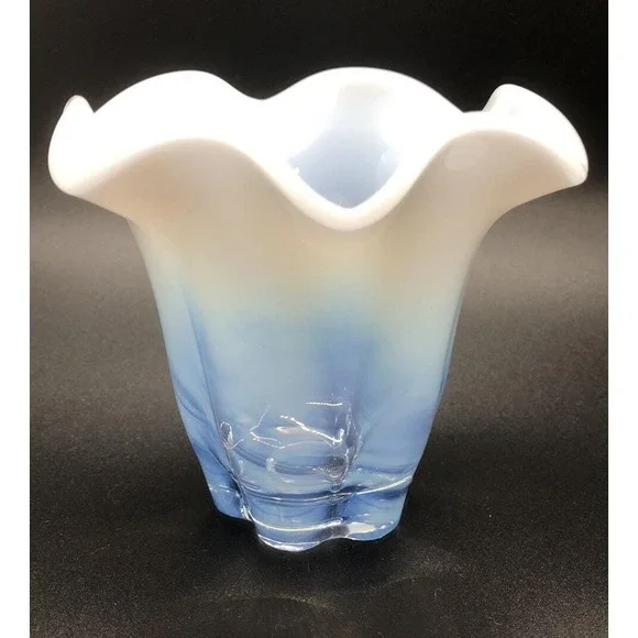 Blue White Opalescent Fade Art‎ Glass Vase Ruffled Rim MCM Style 4