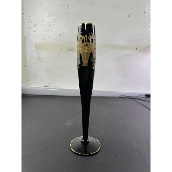 Central Glass Works‎ Bud Vase Black Glass Gold Basket Etch 10 inch