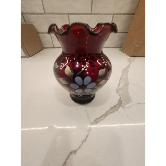 Vintage Anchor Hocking Royal Ruby Hand Painted‎ Bud Vase With Flowers 4 Inches