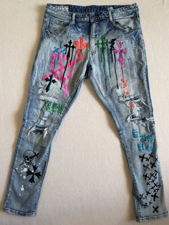 Smoke Rise Jeans Men’s 36X32 Distressed Graffiti Paint Splatter Streetwear Goth