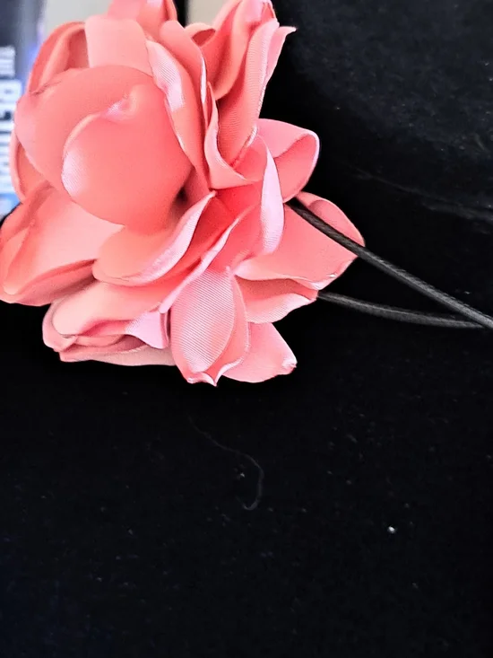 Pink Fabric Flower Neck Choker With Black Cord