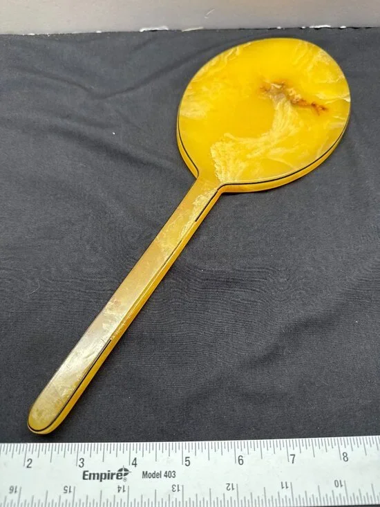 Vintage Art Deco Tortoiseshell Bakelite Hand Mirror Marbled Yellow Handle And Ov