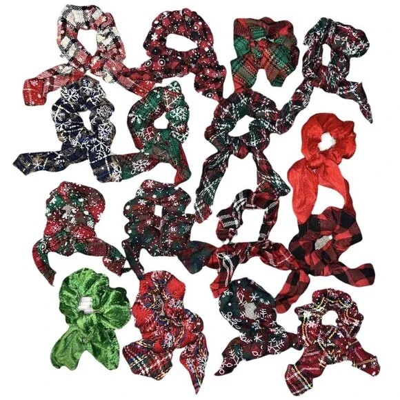 Set of 16 Holiday Hair Scrunchies Plaid Rabbit Ears Knotted Christmas Hair Ties