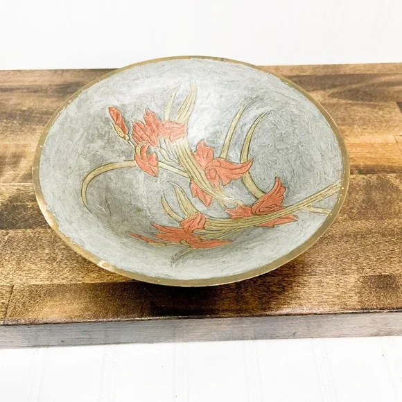 Vintage‎ Brass Pedestal Bowl with Floral Design