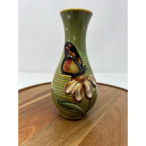Green Ceramic Butterfly Flower Bud Vase Tabletop Accent‎ Decor