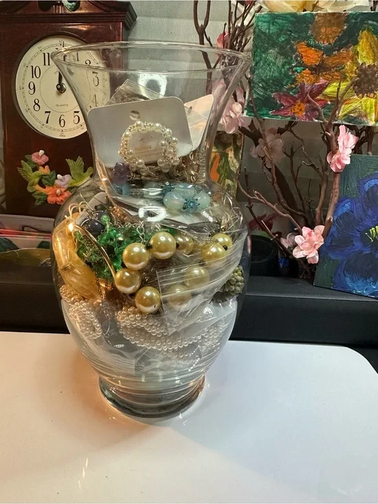 Glass Decorative Vase Filled with Gold and Pearl Accents - Unbranded