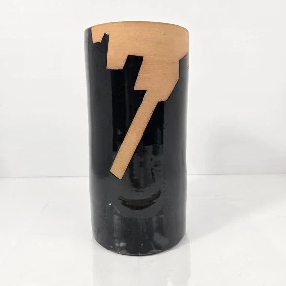 Chiminazzo Italy Postmodern Black Terracotta Geometric Cylinder Vase Signed
