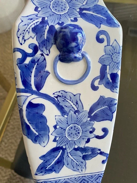 Chinoiserie Blue White Chinese Porcelain Vase Flowers Square Base Handles 10”