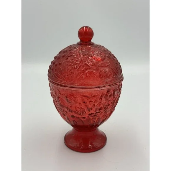 Vintage Avon Ruby Red Embossed Floral Candy Dish with Lid