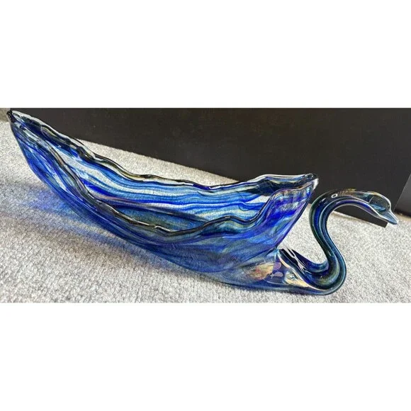 Swan Dish Bowl Vase Murano Style Hand Blown Art Glass Large Blue Vintage 18
