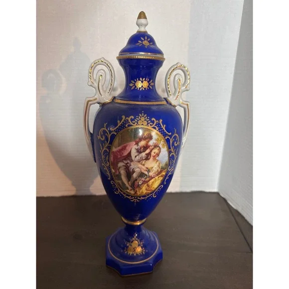 Limoges China Cobalt Blue Gold Courting Couple Lidded Urn Vase 13.5in
