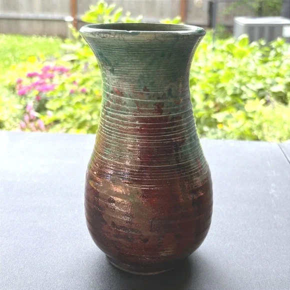 Vintage Gussman Signed Studio Pottery Raku Vase Iridescent Copper Turquoise