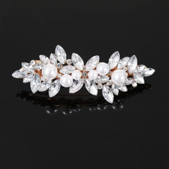 Faux Pearl Golden Hair Barrette Statement Silver Tone Leaves Natural Textured