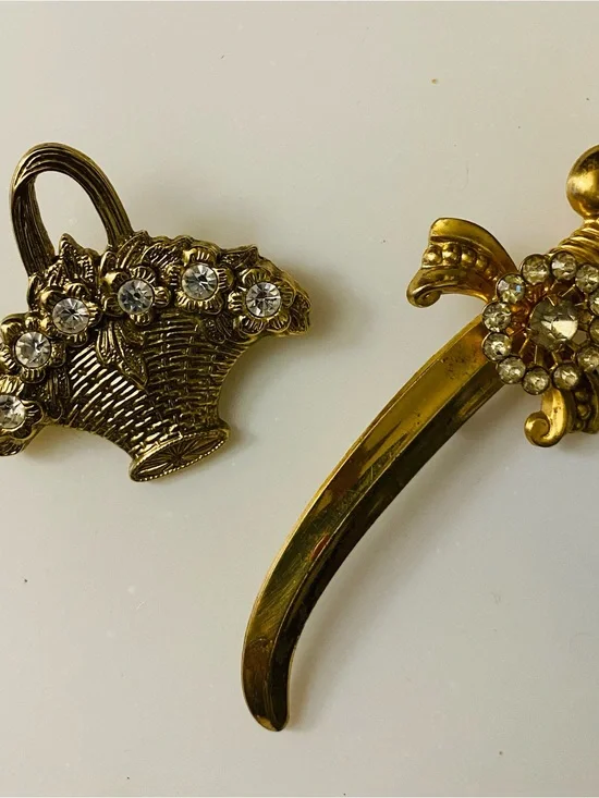 Gold-Tone Floral Basket Brooch with Clear Rhinestones and Gold-Tone Sword