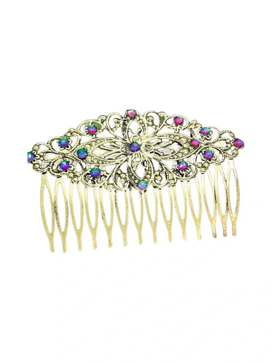 Ornate Gold Hair Comb with Vibrant Crystal Accent Volcano Flame FINAL PRICE DROP