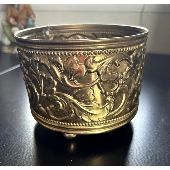 Vintage Ornate Brass Footed Planter Embossed Floral Cachepot 5.5