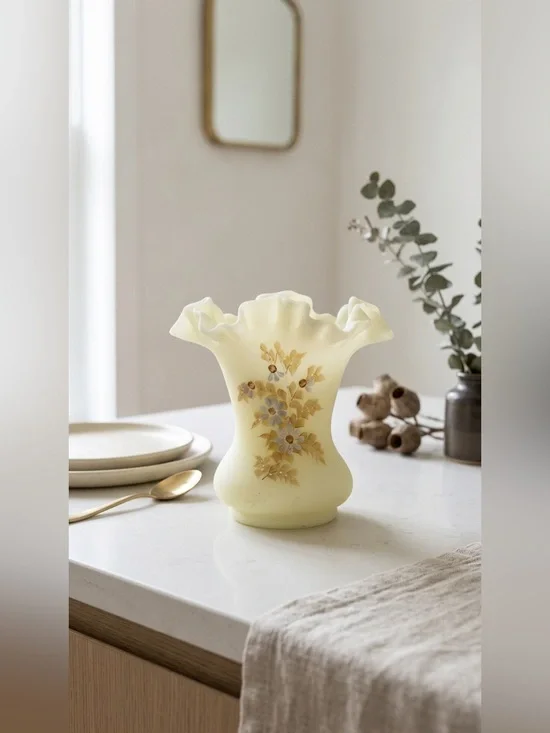 Vintage Fenton Custard Satin Glass Vase Hand-Painted by C. Shaffer