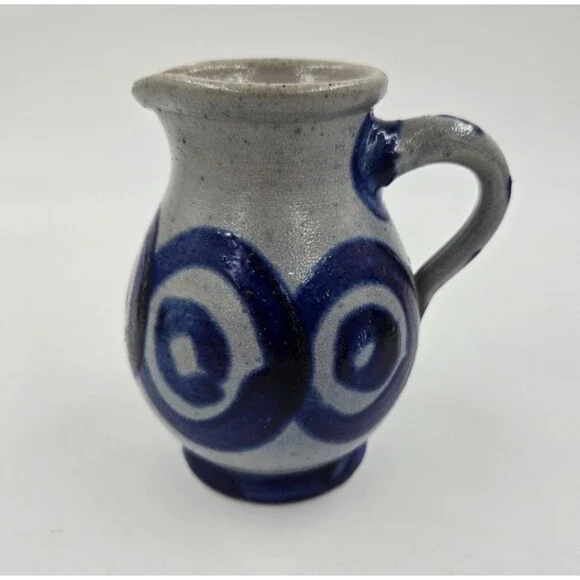 Stoneware Salt Glaze Pitcher with Cobalt Blue Design BULLSEYE Pattern Hand Paint