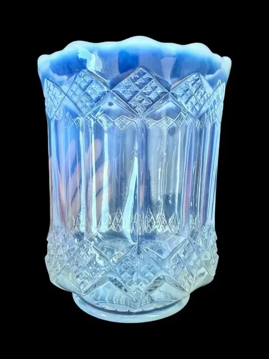 Mosser White Ice Blue Opalescent Glass Celery Vase Spooner