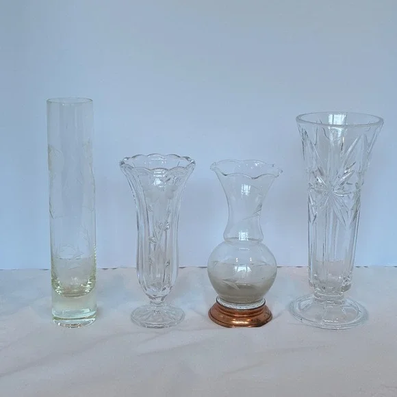 Bud Vase Set Vtg Etched Cut Glass Mixed Lot 4pc MCM Table Scape Cottage Retro