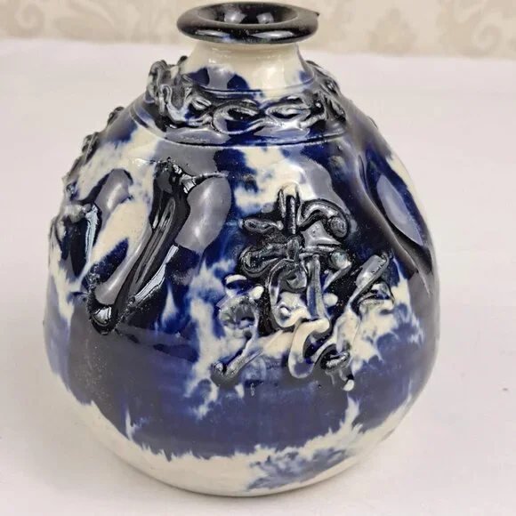 Blue & White Handcrafted Stoneware Pottery Incense Holder/Bud Vase Vintage