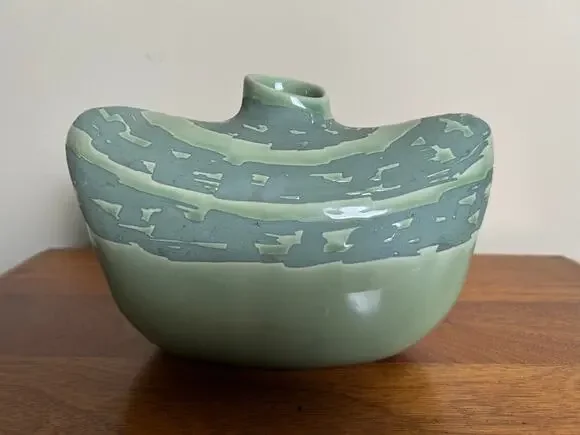 Vintage Kenshoma Studio Pottery Vase, Green Oval Ceramic Vase