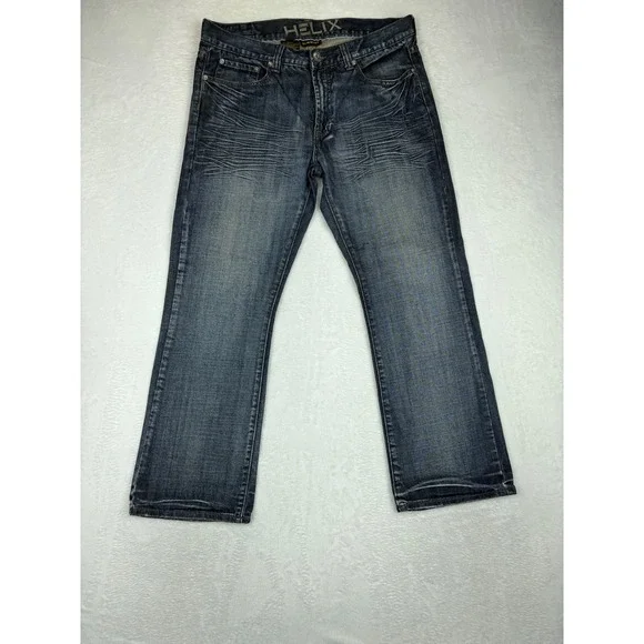 Helix Slim Mens 34x30 Bootcut Jeans Dark Wash Distress Embroidered  Cross Pocket