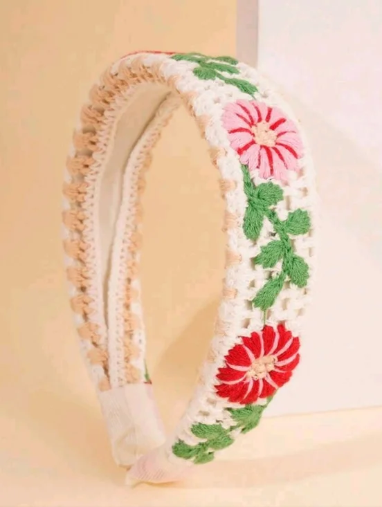 Crochet Floral Headband with Pink and Red Flowers