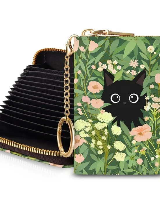 Blusabaca Women's Black Cat Floral RFID Wallet, Waterproof, Leather, 12 Card Slo