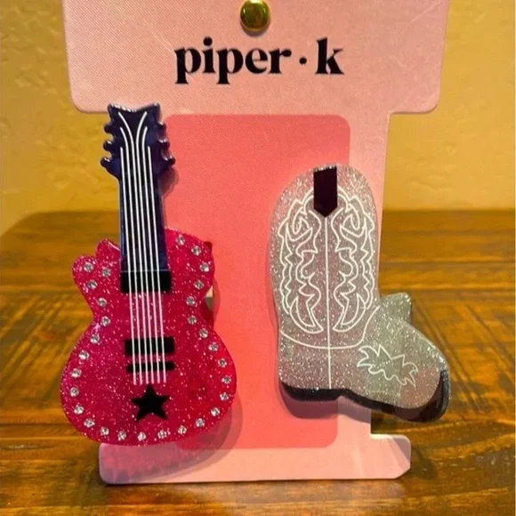 NWT Piper K Pink Guitar & Silver Bling Cowboy Boots Claw Hair Clips