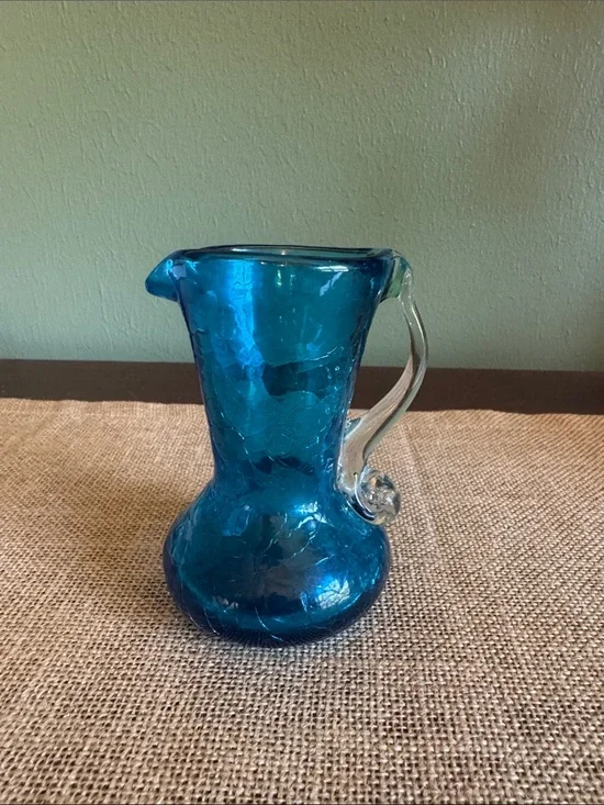 Hand Blown Blue Crackle Glass Pitcher Vase Clear Applied Handle 4”