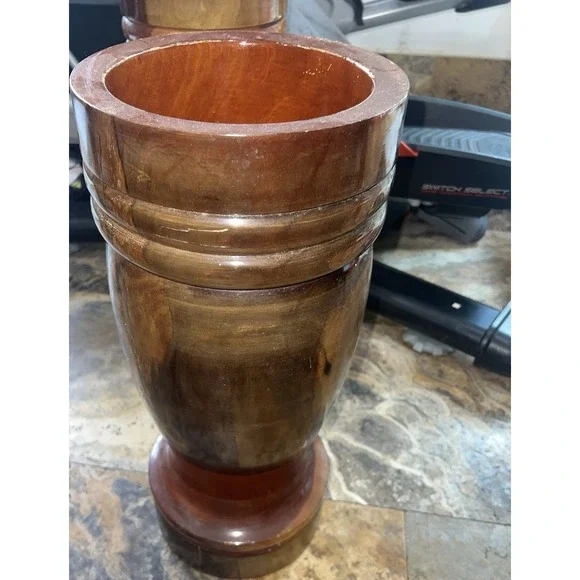 Handcrafted Turned Wooden Vase Urn Tall Brown Decorative Wood Vessel