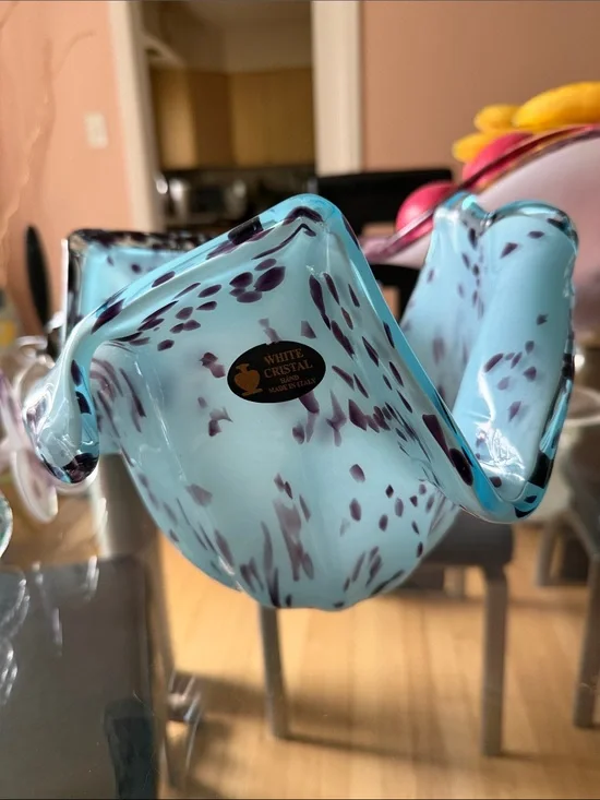 Murano Light Blue and Purple Speckled Handblown Glass Vase