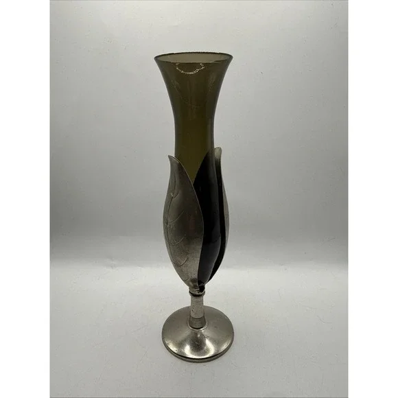Vintage Rosalco Silver Plated Flower Smokey Glass Flute Tube Insert Bud Vase MCM