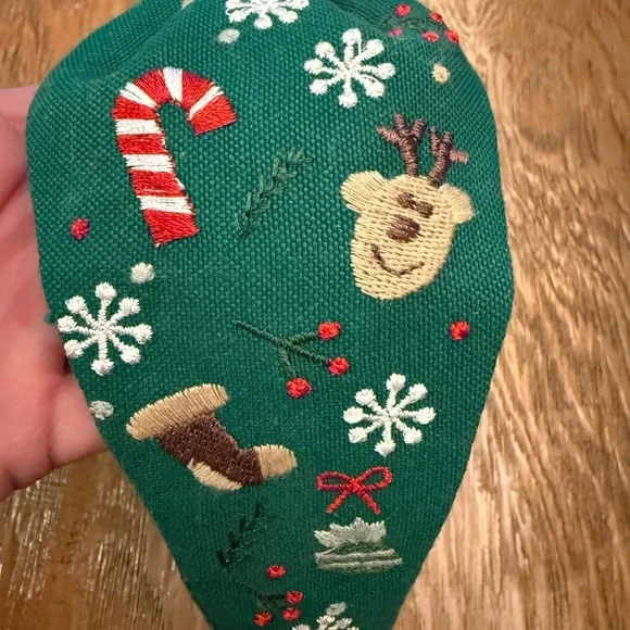 Festive Green Red Christmas Headband with Holiday Embroidery