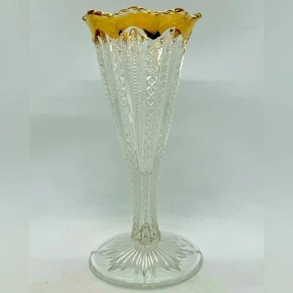 EAPG Duncan & Sons Co. #42 Antique Glass Mardi Gras Trumpet Vase w/ Gold Rim