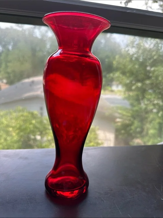 Deep Red 9” Blown Glass Vase with Flared Rim made in Mexico