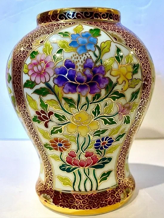 READ! Vintage 90s Cloisonné-Style Illustrative Enamel Peony Gold Filigree Vase