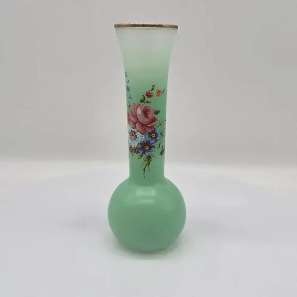 Vintage Frosted Glass Fluted Bud Vase with Flowers & Gold Rim Green 6