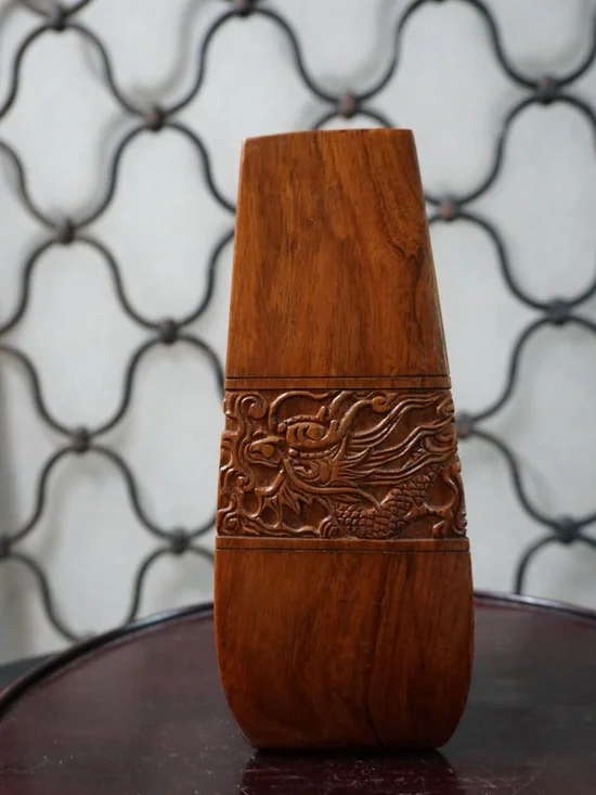 Vintage Carved Wooden Decorative Vase with Dragon Motif - Brown