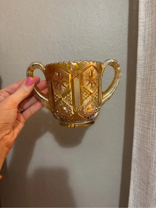 Amber Carnival Glass Two-Handled Decorative Bowl