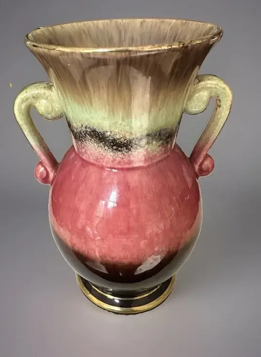 Vintage Hand Painted Pink Green & Brown Drip Glaze Gold Trim West German MCM 8”T