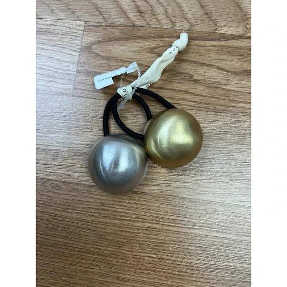 Anthropologie 2 Pack Ponytail Holders Hard‎ Metal Silver Gold Hair Ties NEW