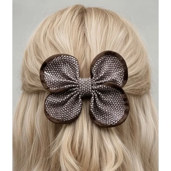Vintage Brown White Woven Burlap Style Texture‎ Double-loop Bow Hair Barrette