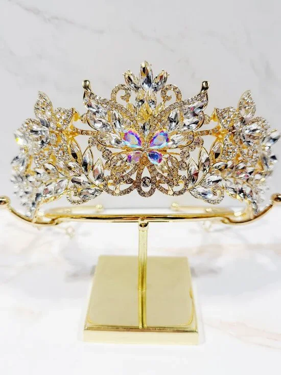 Vintage Crystal Butterfly Tiara Crown Gold Tone Pageant Prom Wedding Headpiece
