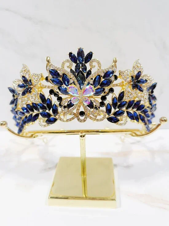 Navy Blue Crystal Butterfly Tiara Crown Gold Tone Pageant Prom Wedding Headpiece