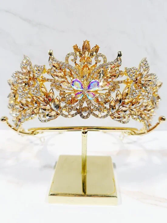 Champagne Crystal Butterfly Tiara Crown Gold Tone Pageant Prom Wedding Headpiece