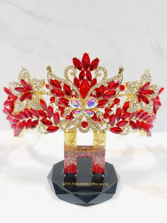 Red Crystal Butterfly Tiara Crown Gold Tone Pageant Prom Wedding Headpiece